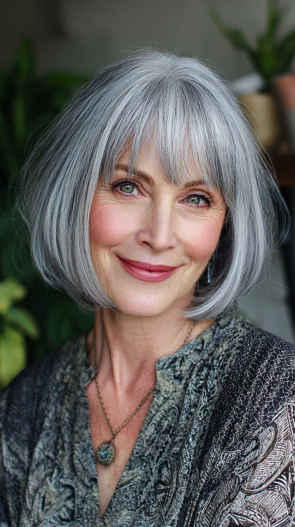Steel blue-grey chin-length bob with full soft bangs