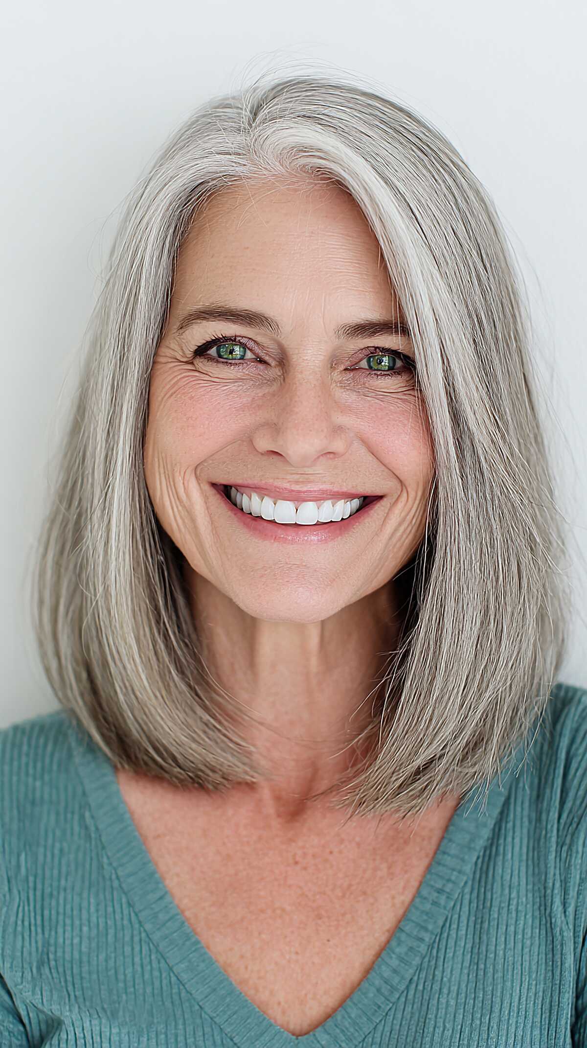 Straight silver gray lob with soft textured ends