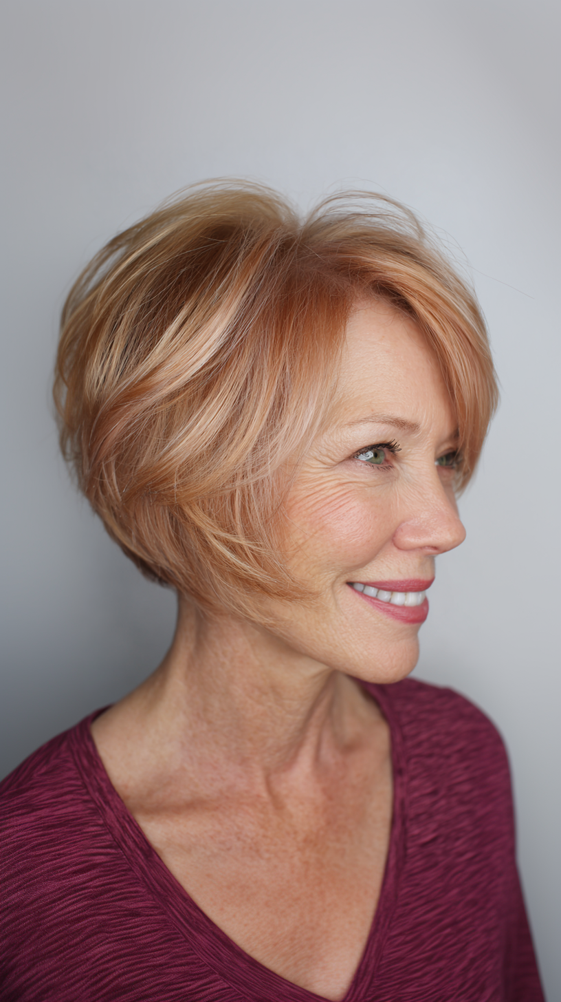 Strawberry blonde cropped stacked bob with wispy sides