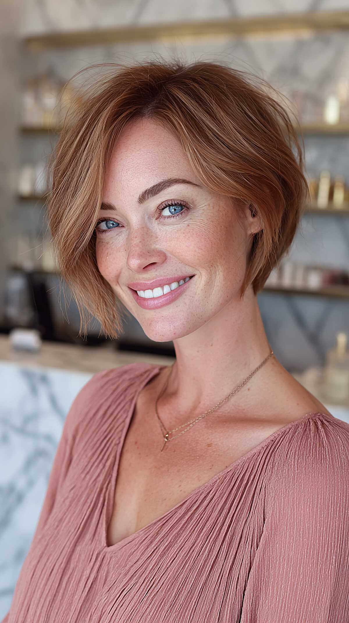 Strawberry copper textured short bob with side-swept fringe