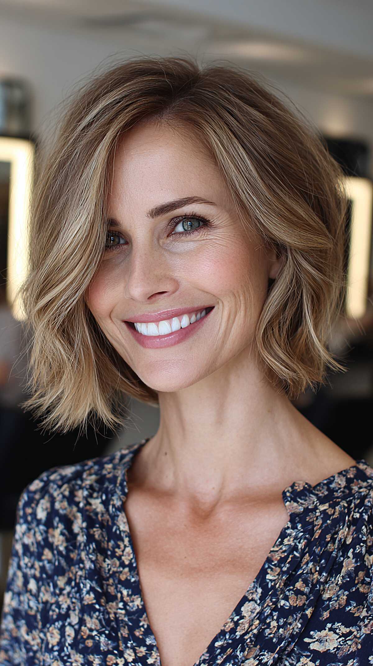 Textured bronde bob with side part and natural movement
