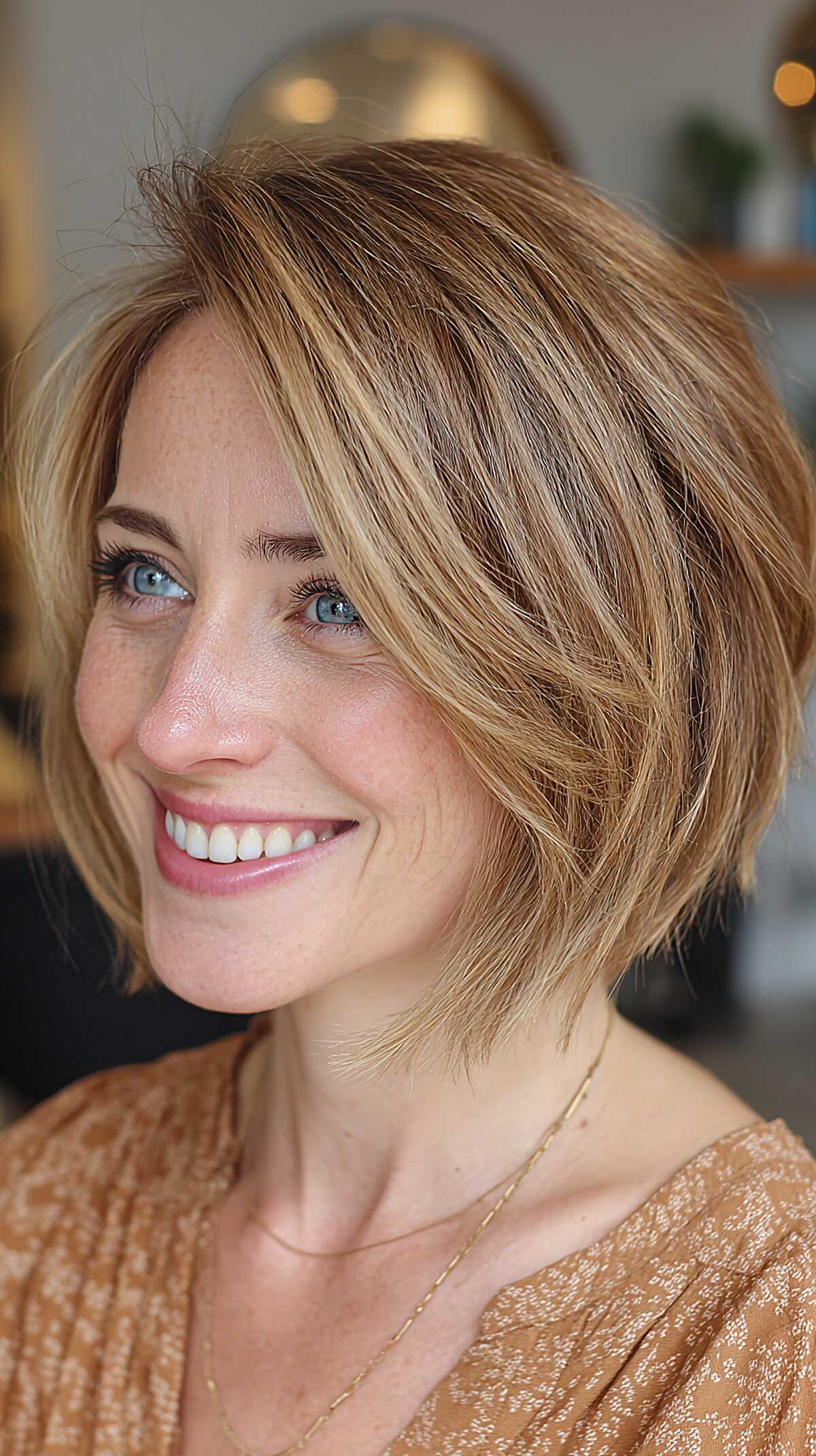 Chin-length textured bob in caramel blonde with side part
