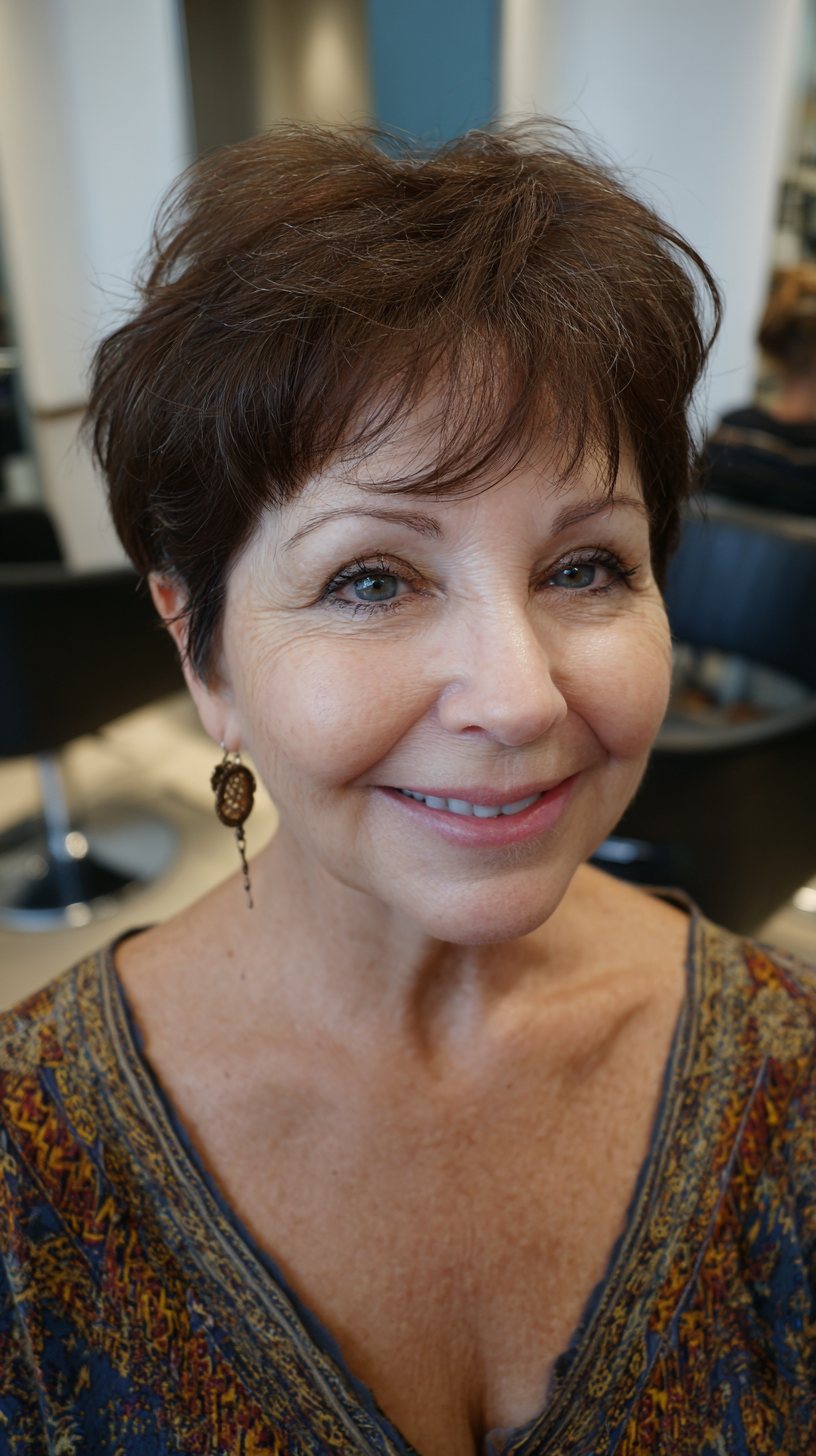 Short brunette pixie with feathered top and soft bangs