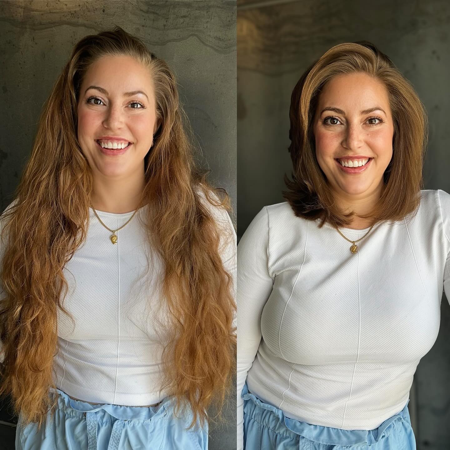 Before and after long to shoulder-length layered bob