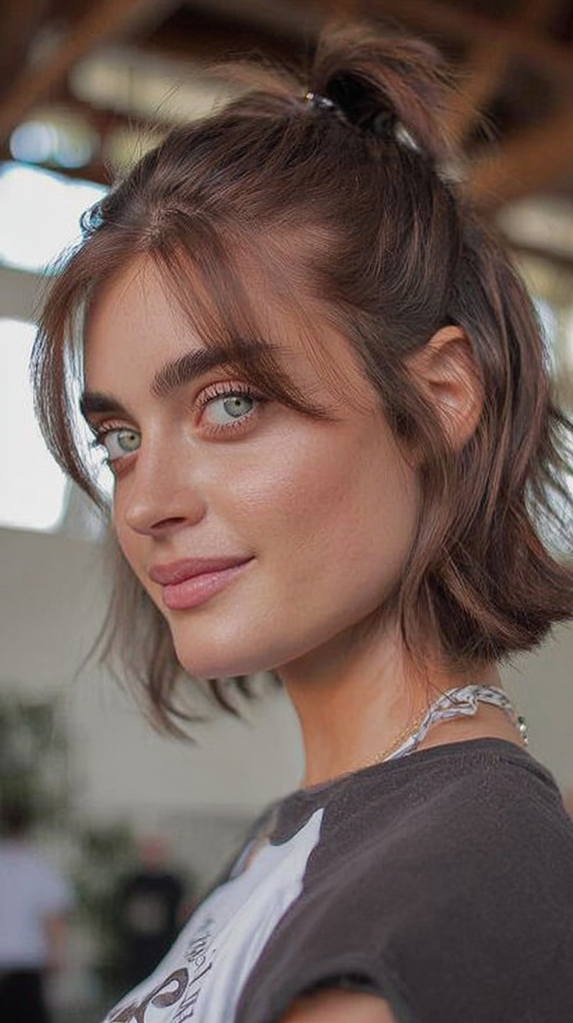 Short wavy bob in a small top knot with curtain bangs