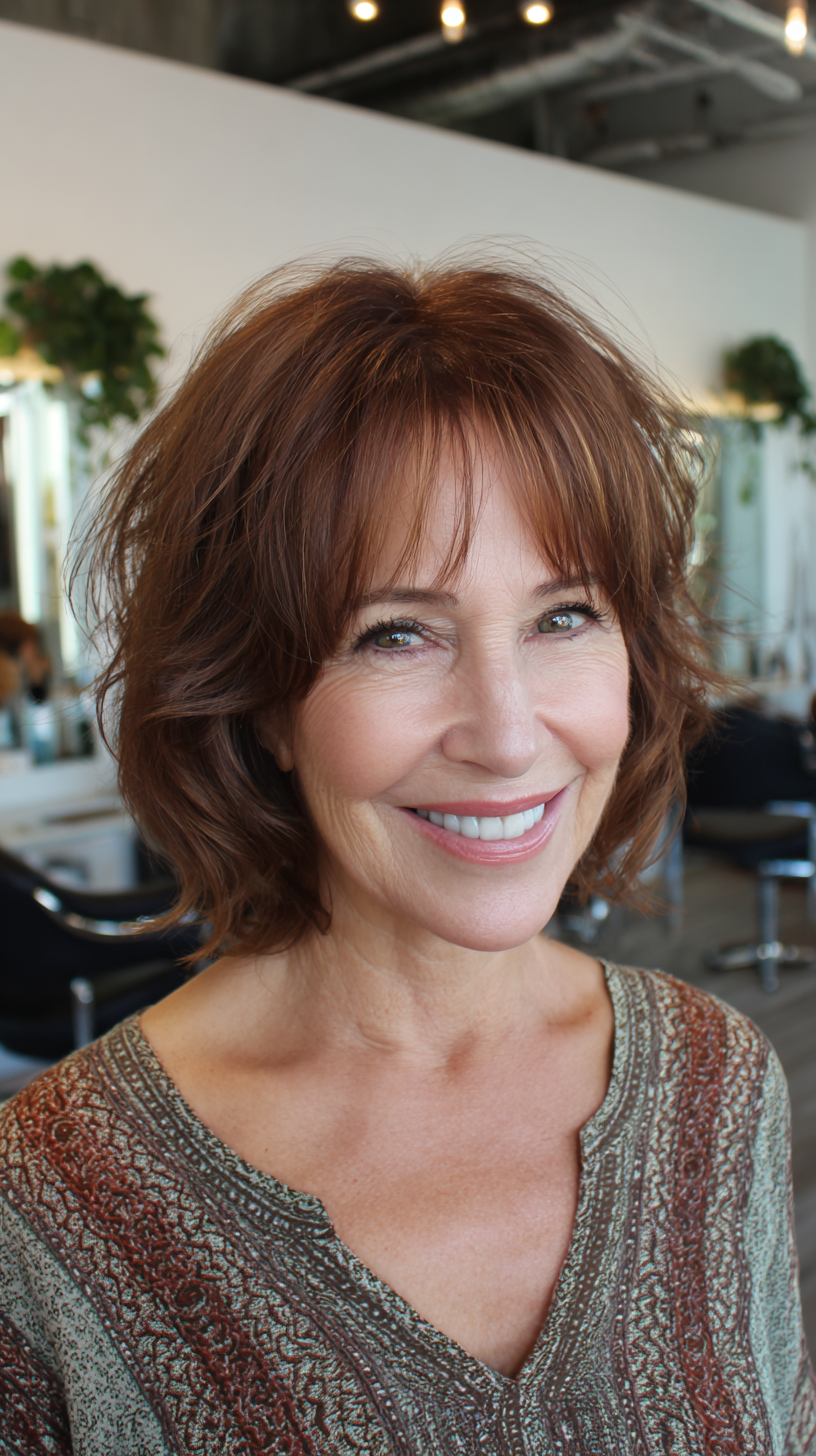 Tousled chin-length auburn bob with wispy fringe