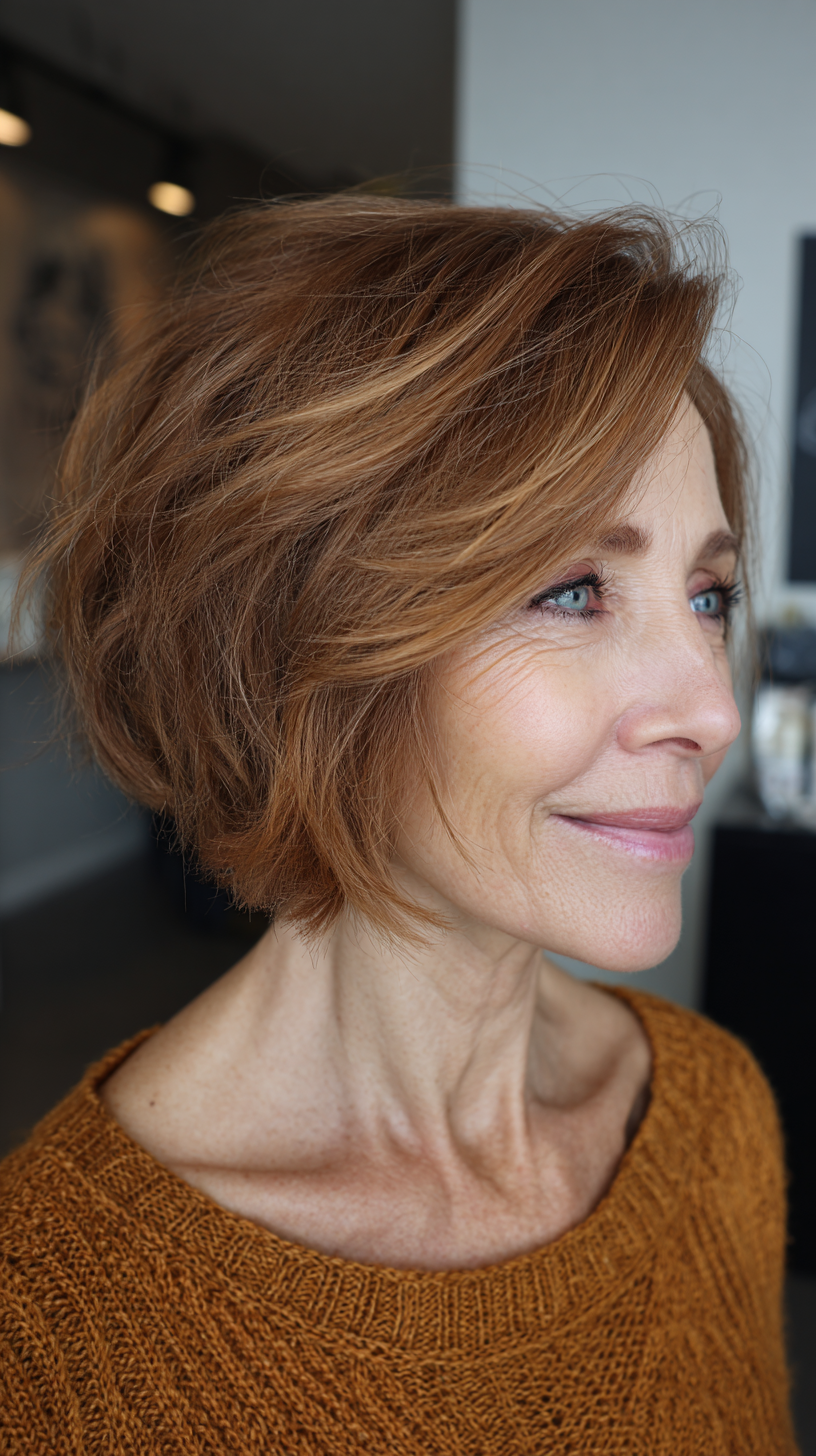 Tousled copper stacked bob with wavy texture