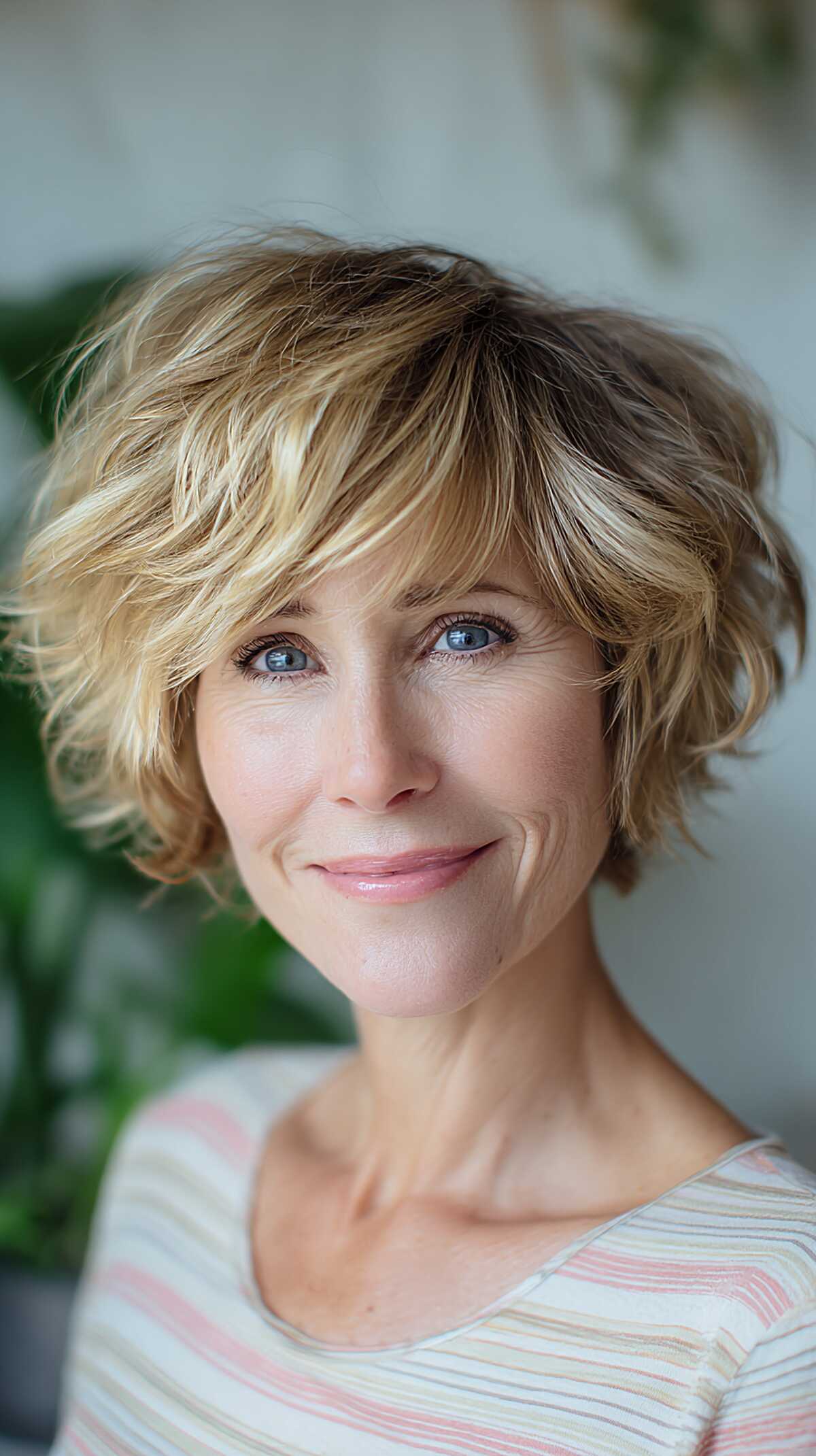 Tousled dirty blonde short shag with face highlights