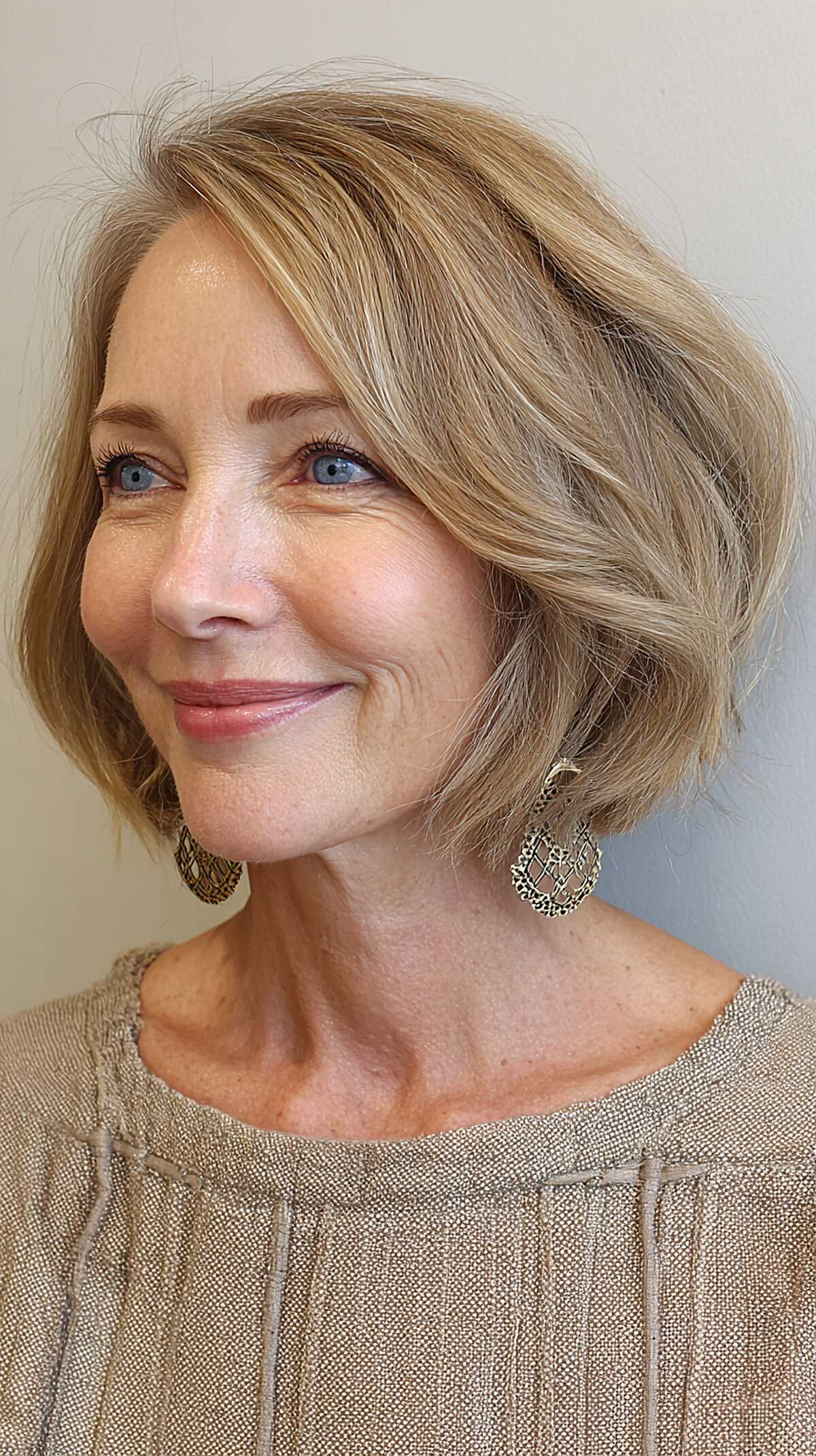 Sandy blonde layered bob with side part and soft movement