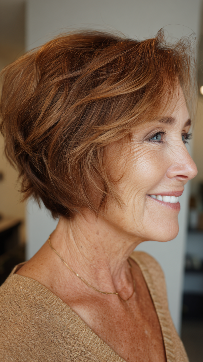 Warm auburn piecey stacked bob with flippy layers