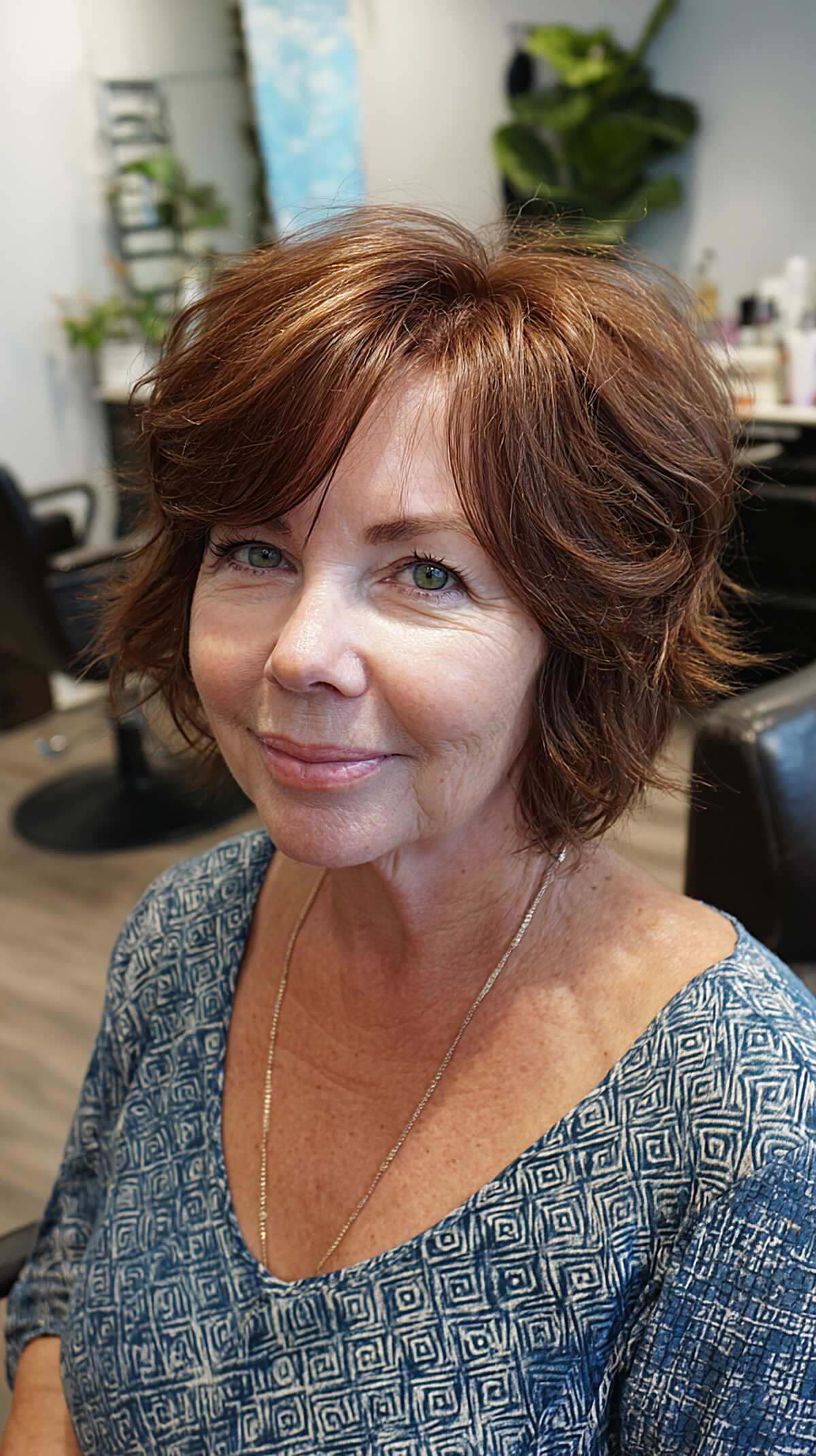 Warm auburn voluminous short shag with soft bangs