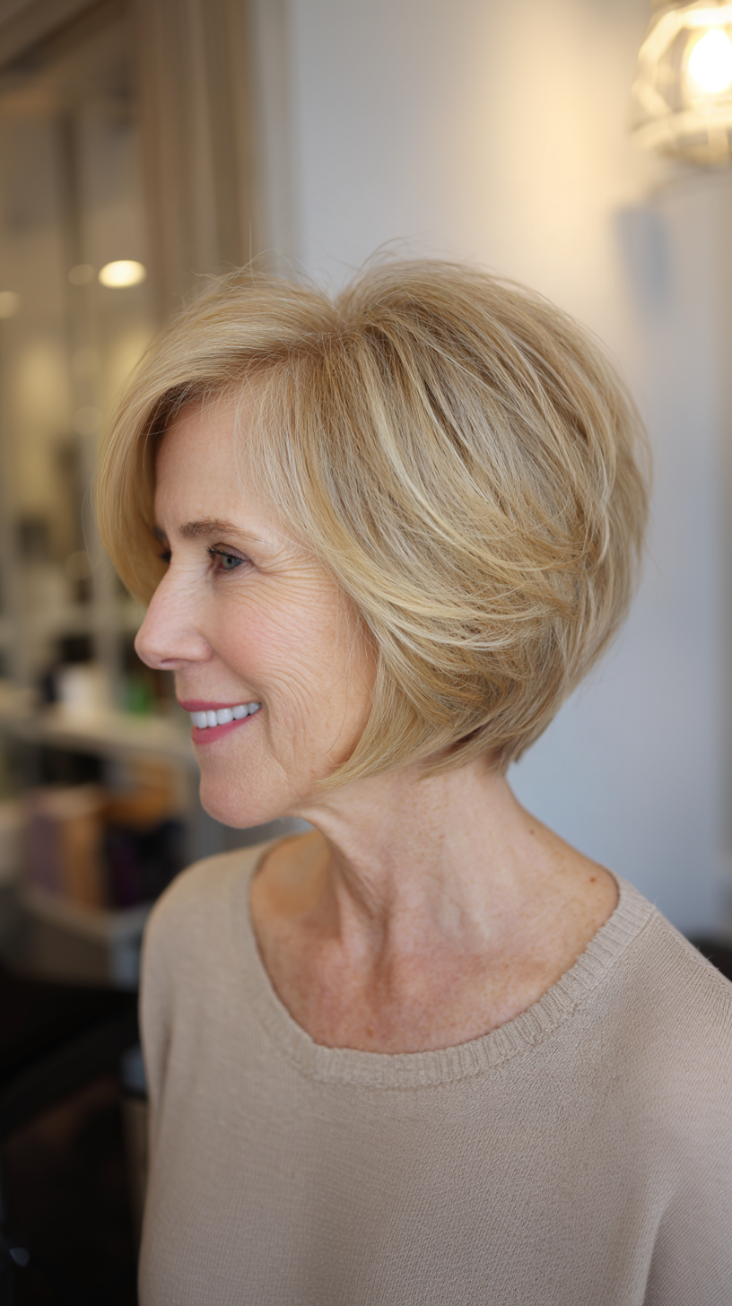 Warm blonde layered classic stacked bob with soft bend