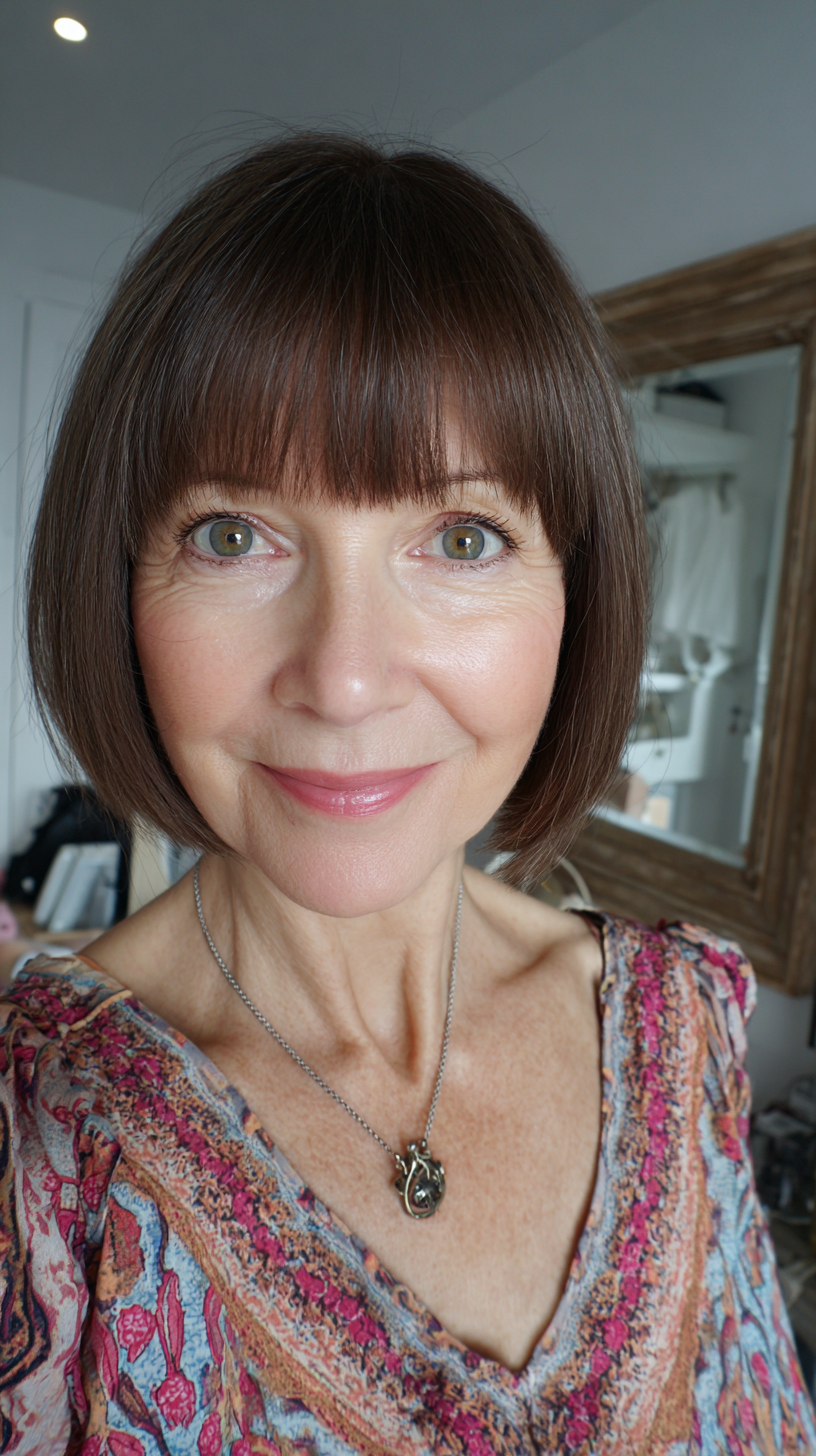 Warm brunette chin bob with straight-across full bangs
