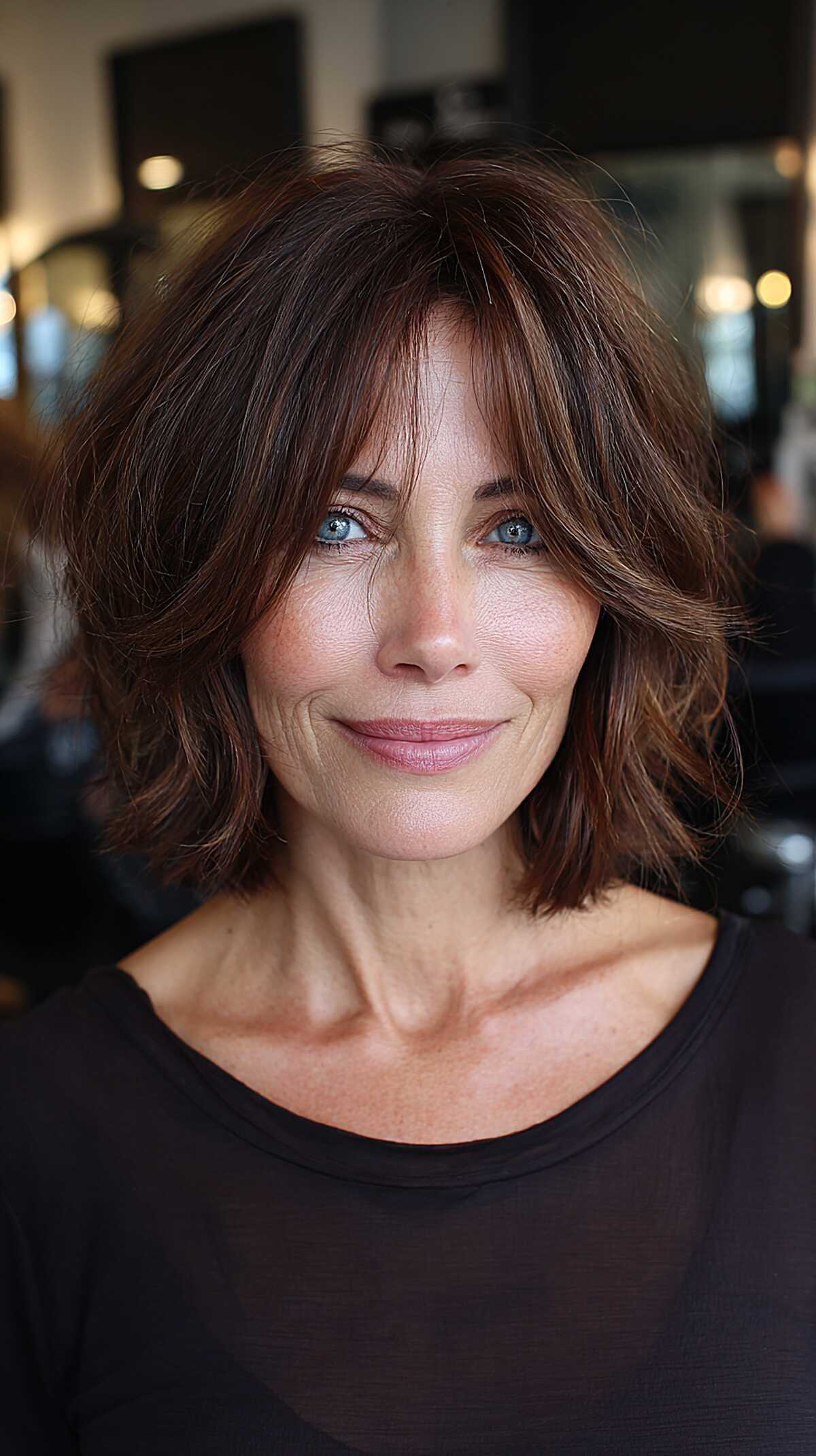 Chin-length brunette shag with copper tones and bangs