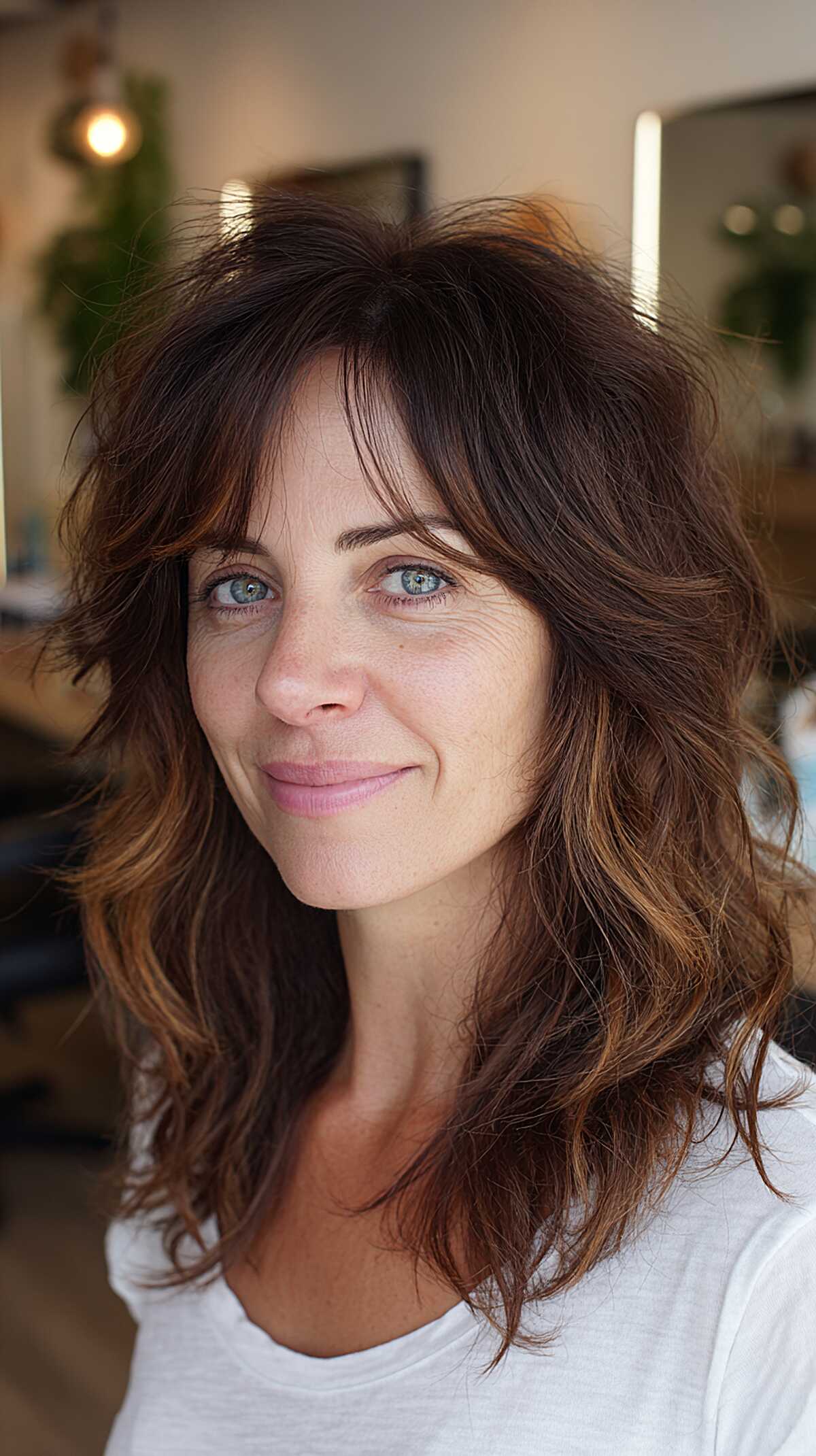 Medium wavy brunette shag with wispy curtain bangs