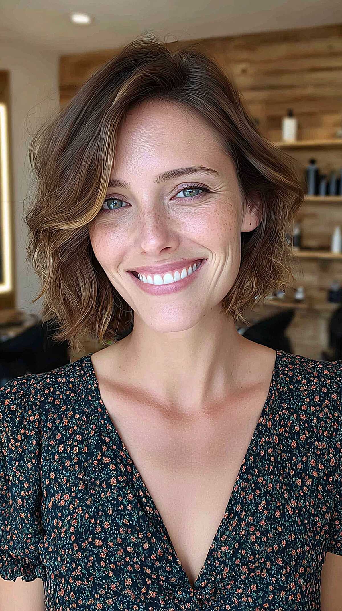 Wavy brunette bob with face-framing caramel highlights