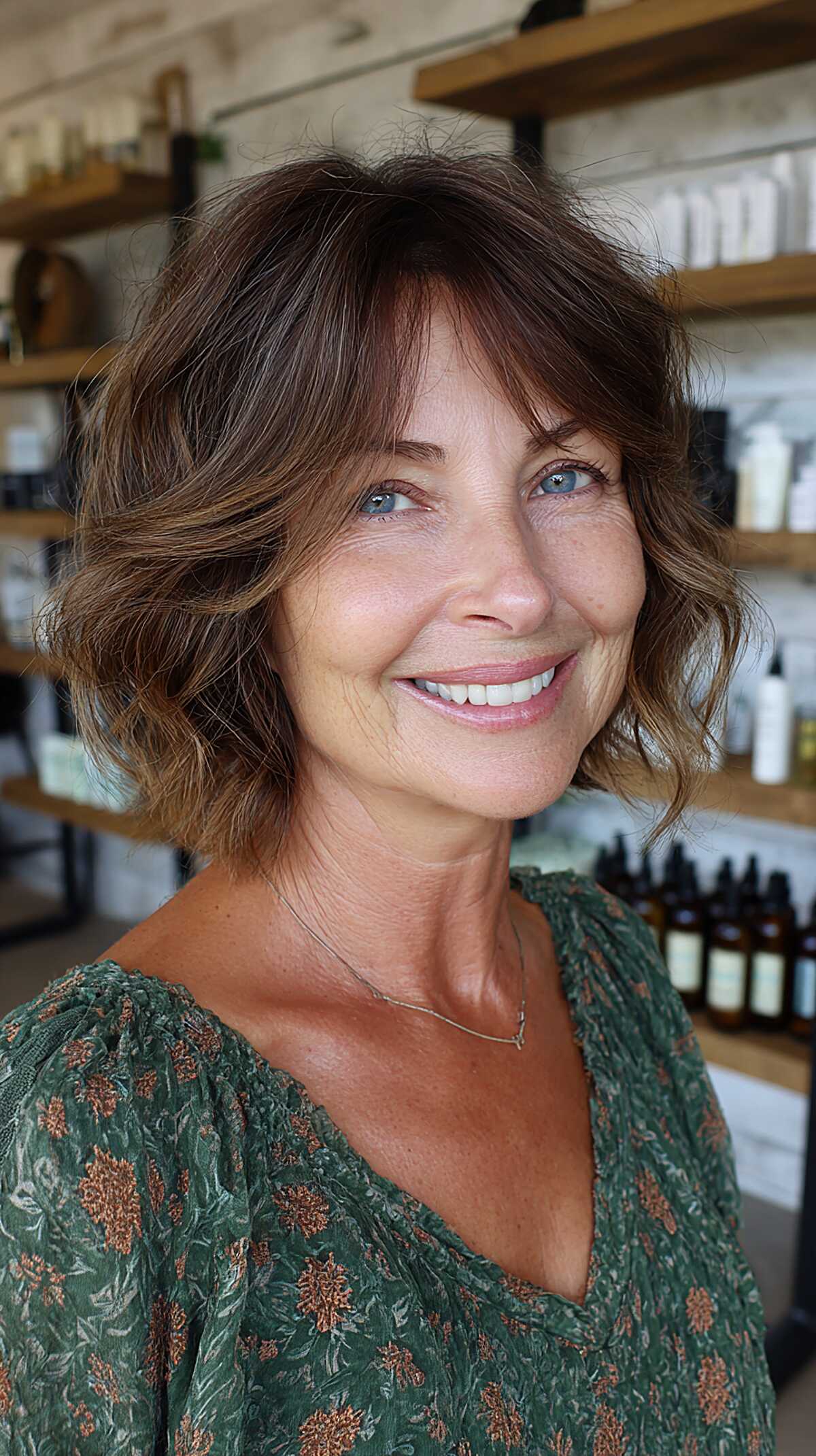 Warm brunette wavy shag with caramel-tipped ends
