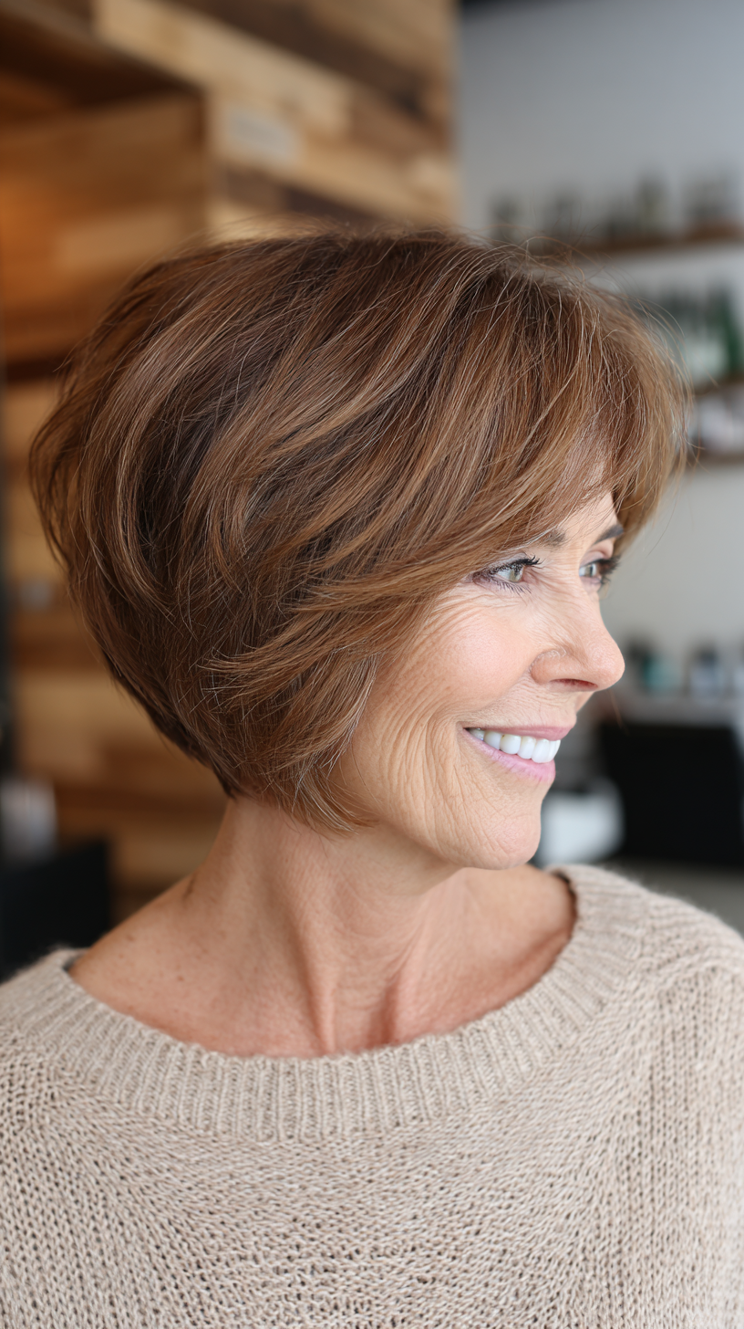 Warm caramel stacked bob with feathered layers on woman