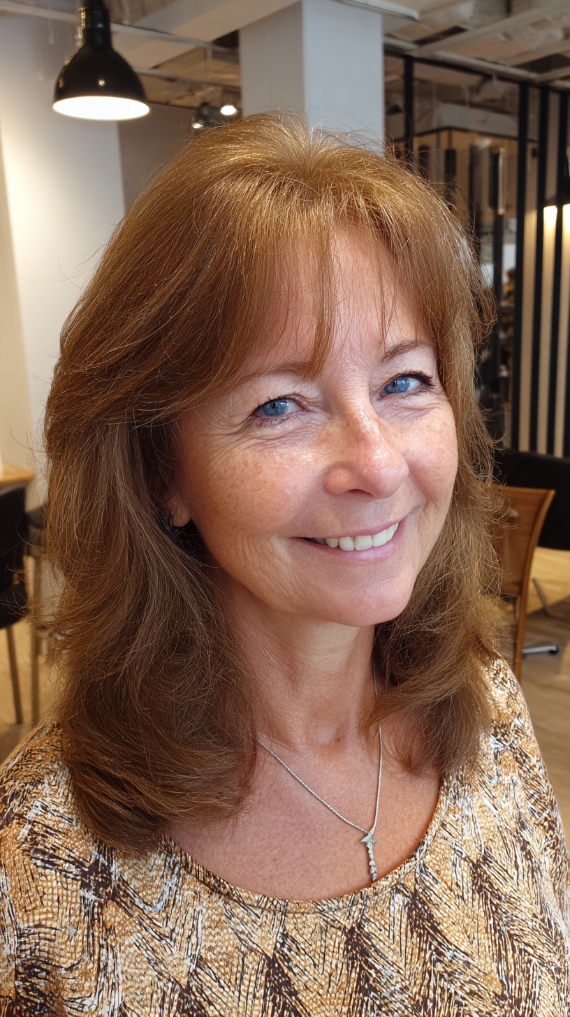 Shoulder-length warm copper layered hair with light bangs