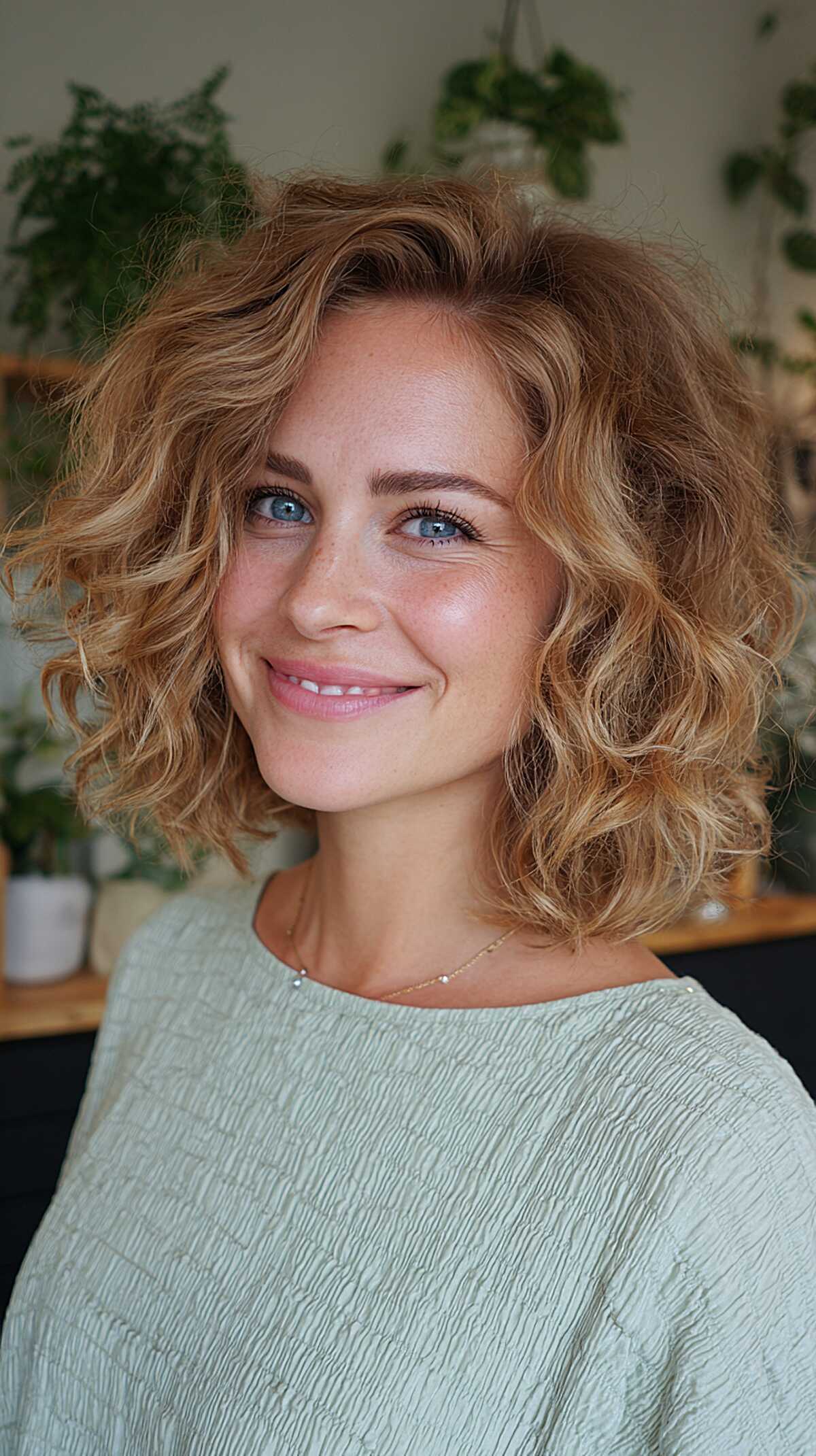Chin-length curly bob in warm honey blonde with side part