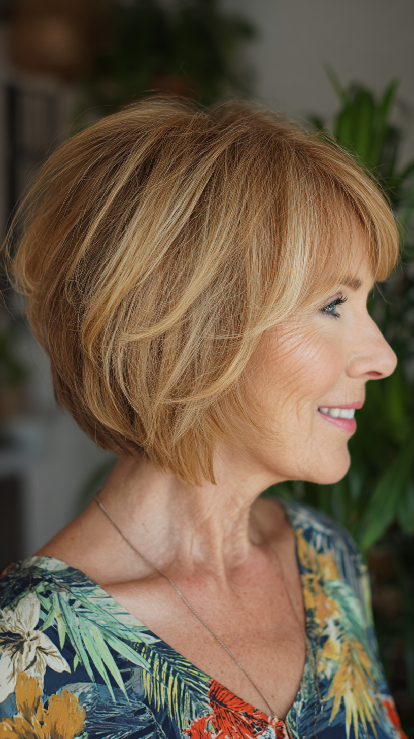 Warm honey stacked bob with wispy bangs and layers