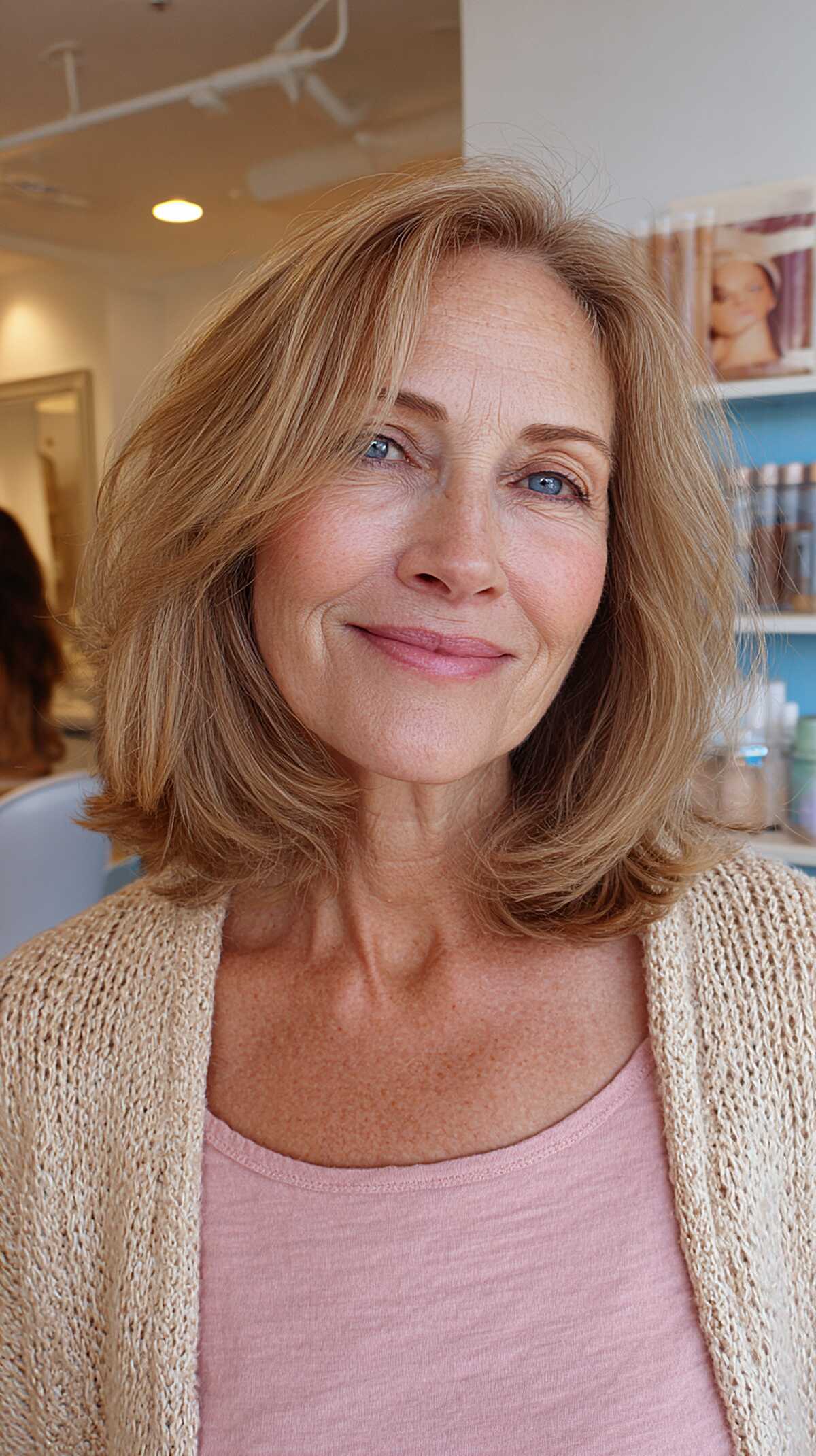 Warm strawberry blonde shoulder bob with flippy layers