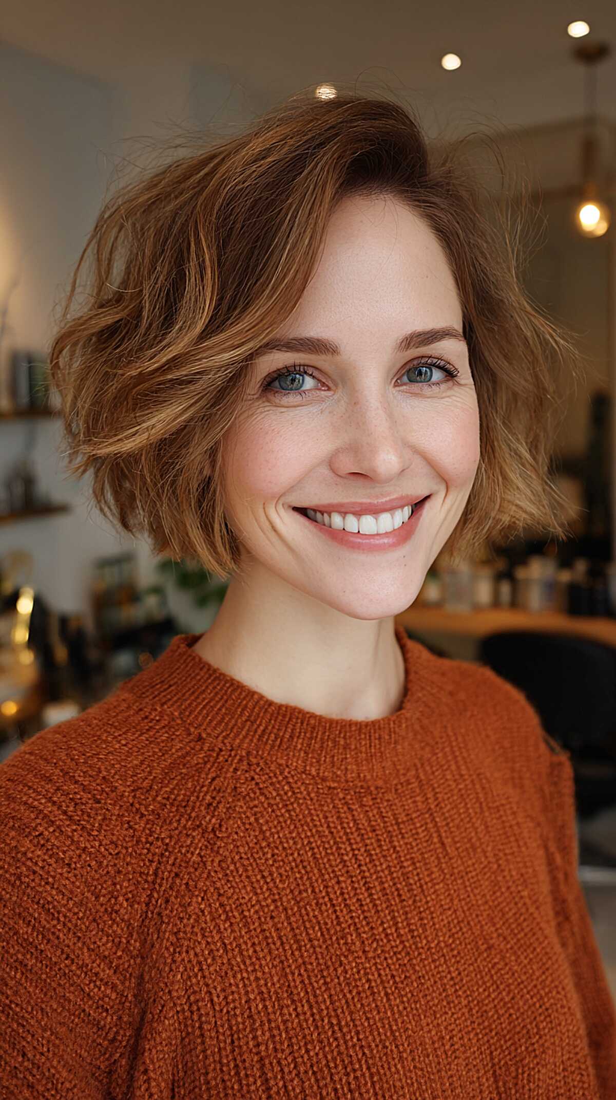 Toffee brown wavy chin-length bob with side part and volume