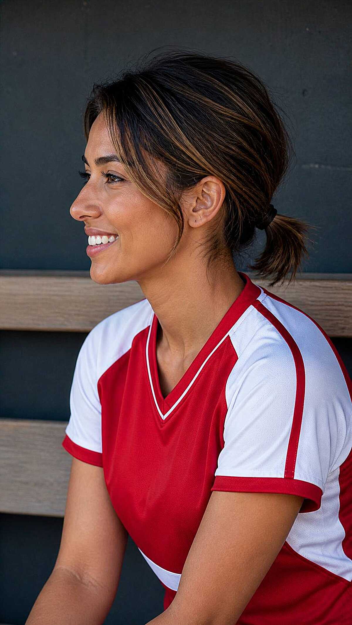 Short hair low ponytail with wispy face-framing pieces