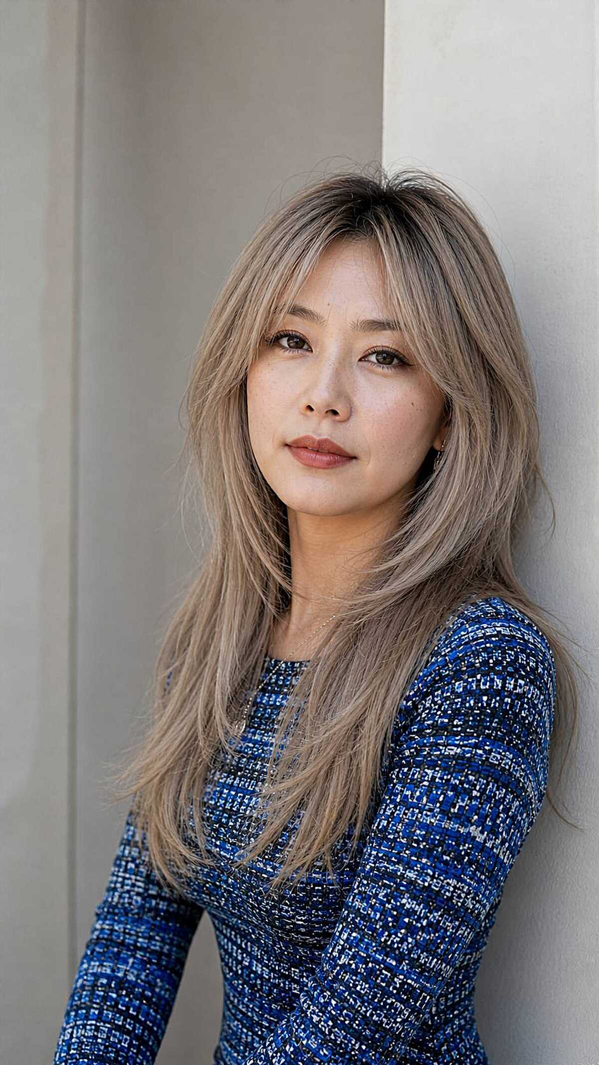 Long ash blonde wolf cut with feathered side-swept bangs