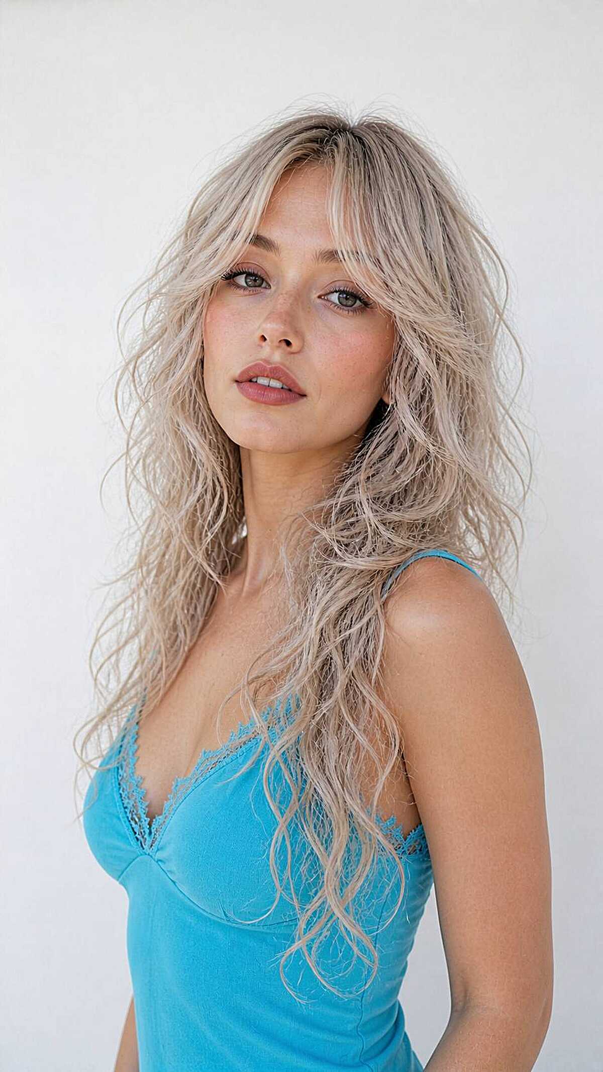 Long platinum blonde wavy wolf cut with wispy bangs