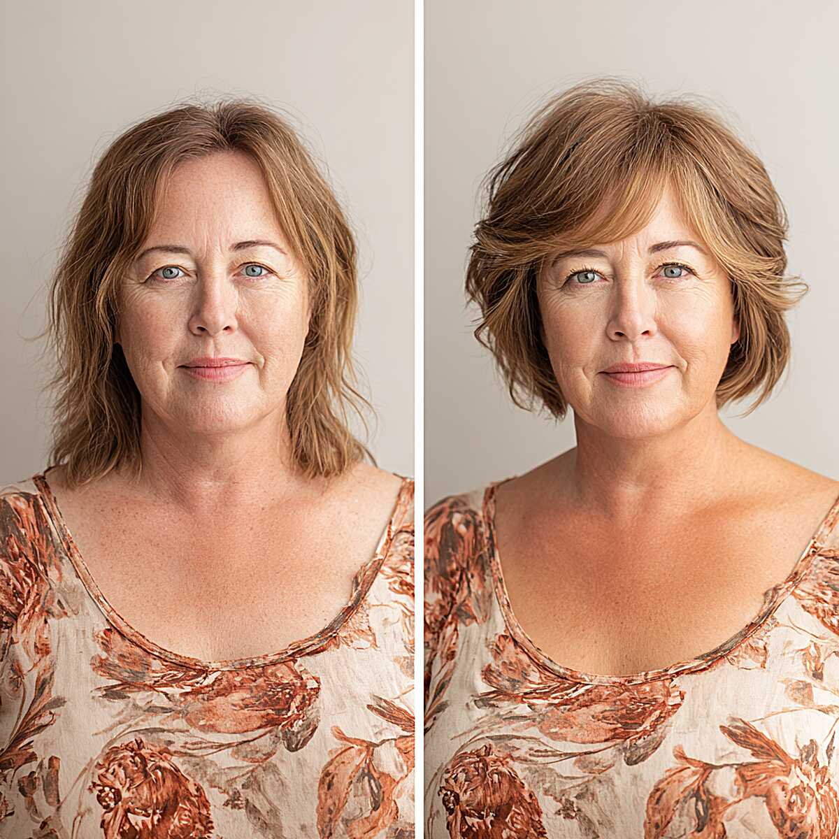 Before and after layered bob transformation on round face
