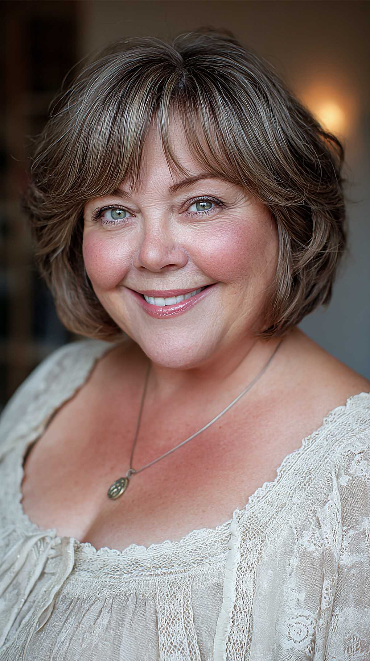 Brunette bob with ash highlights and feathered layers