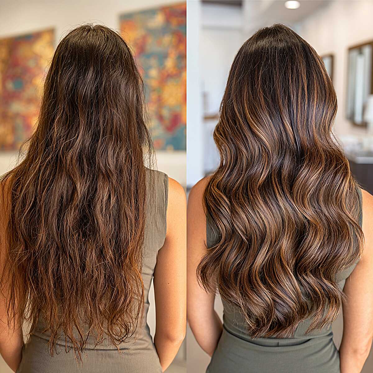 Before and after brunette caramel balayage transformation