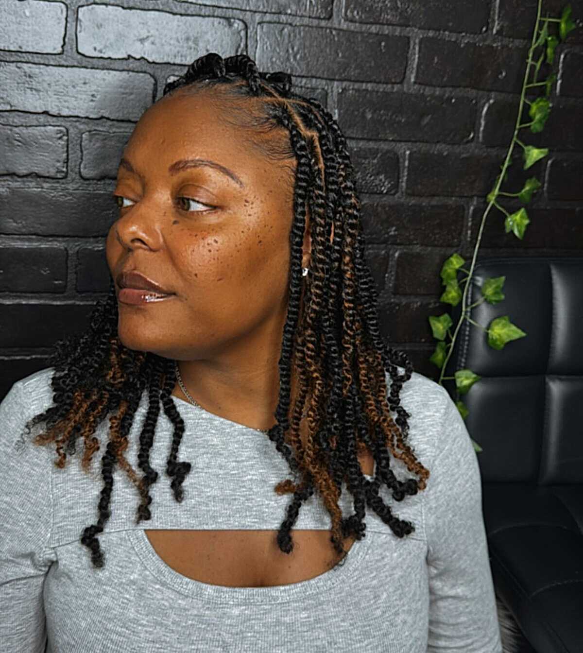 Black spring twists with caramel ombre curled ends