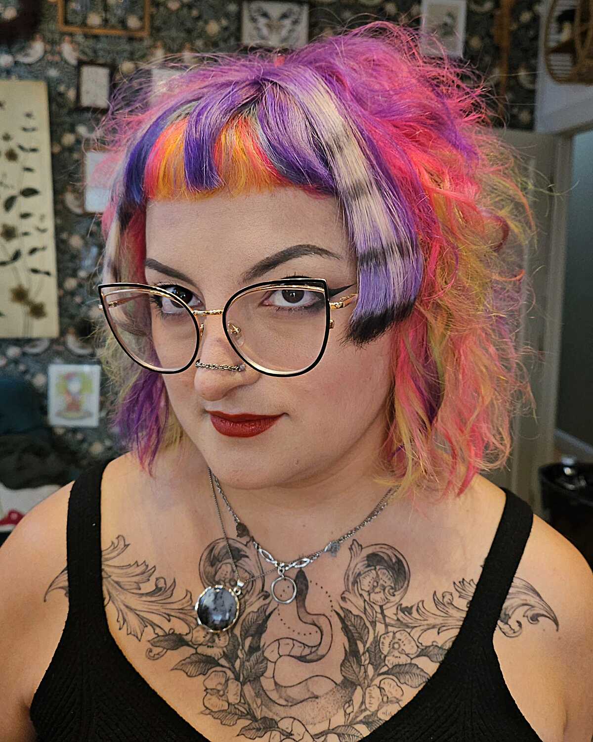 Curly bob in purple, pink, orange, and yellow