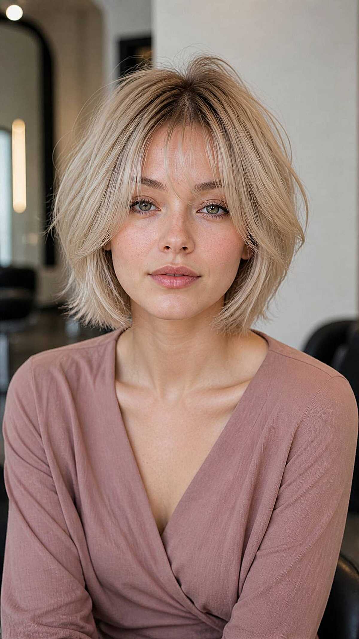 Short champagne blonde bob wolf cut with wispy bangs