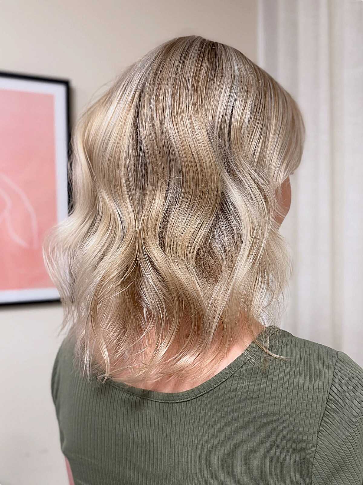 Short wavy champagne blonde bob with soft warm tones