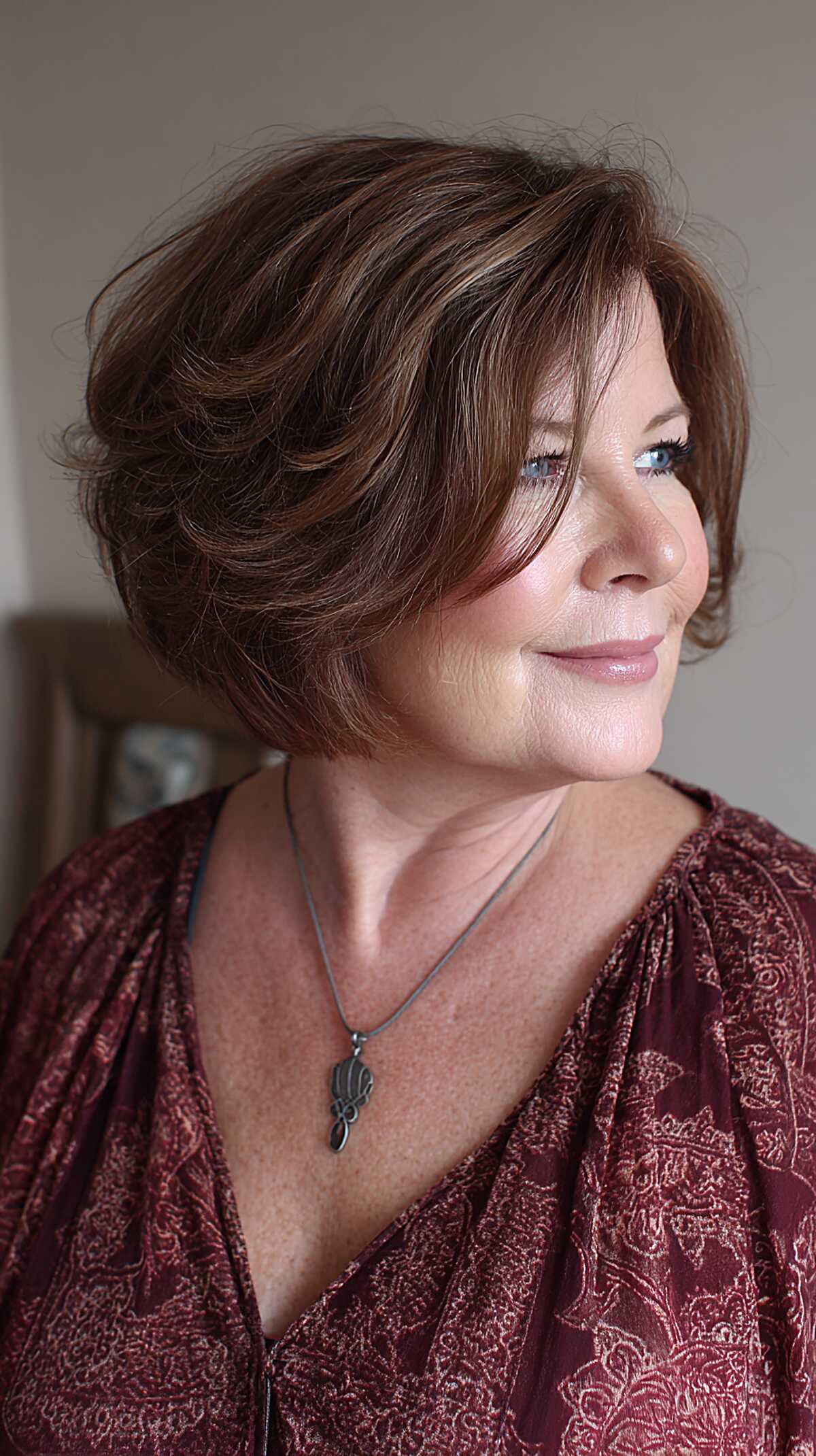 Chestnut brown layered bob with caramel highlight ribbons