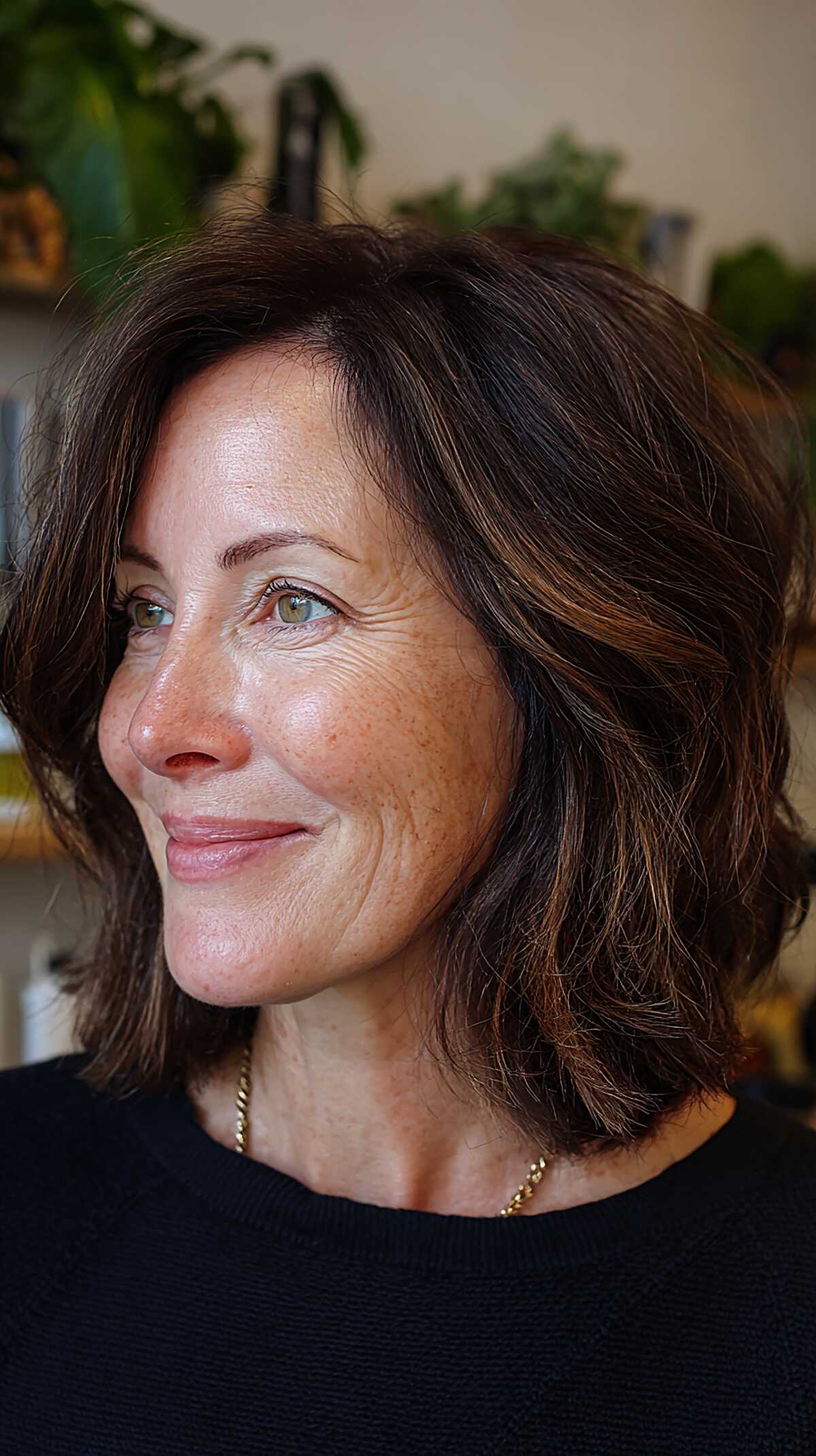 Chin-length wavy brunette bob with caramel highlights