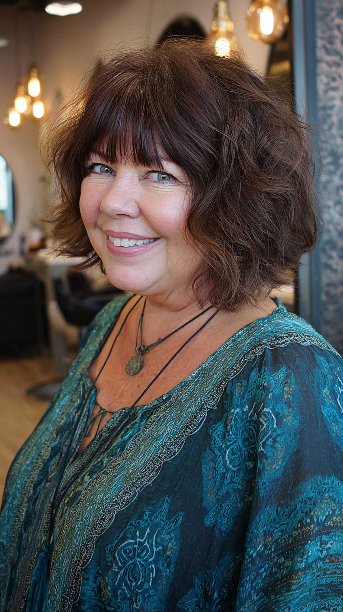 Dark chocolate shaggy bob with full bangs and waves