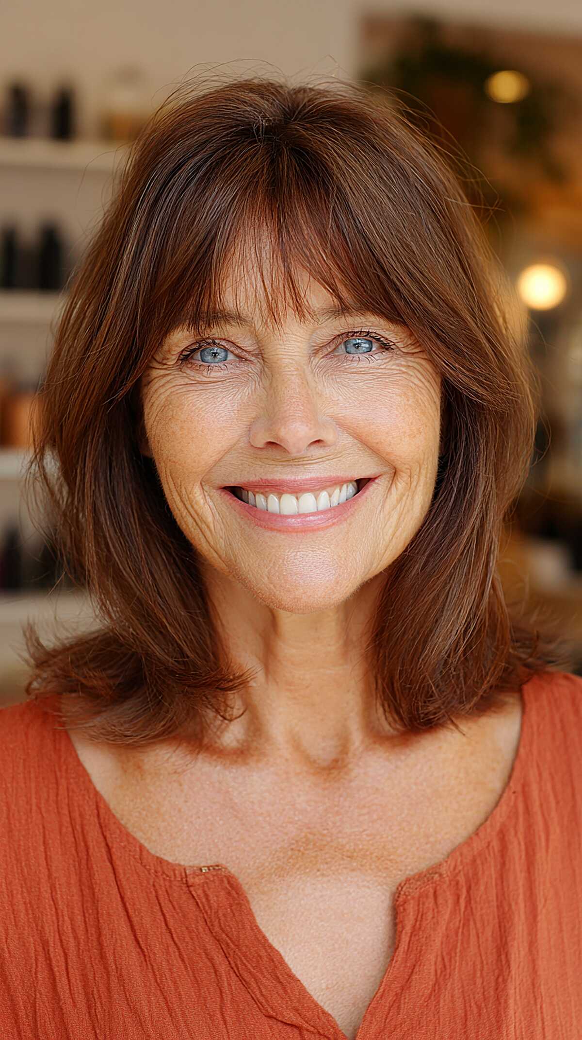 Cinnamon brown shoulder-length cut with curtain bangs