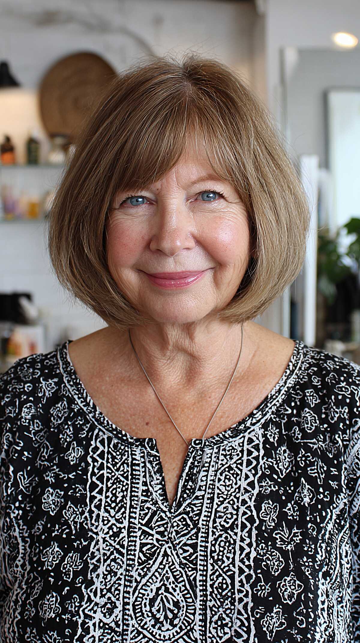 Cool ash blonde chin-length bob with soft wispy bangs