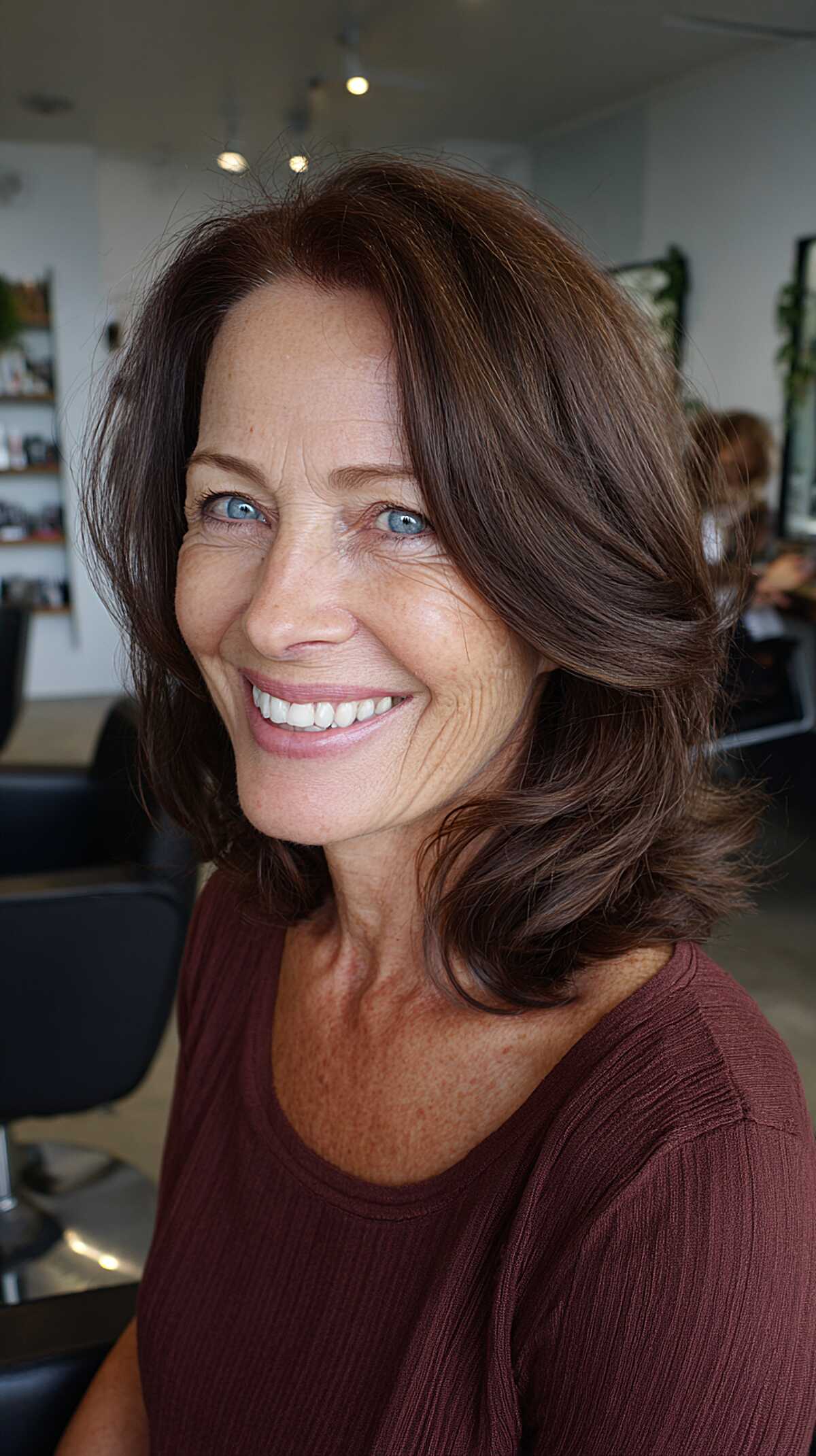 Cool chestnut shoulder-length flip with deep side part