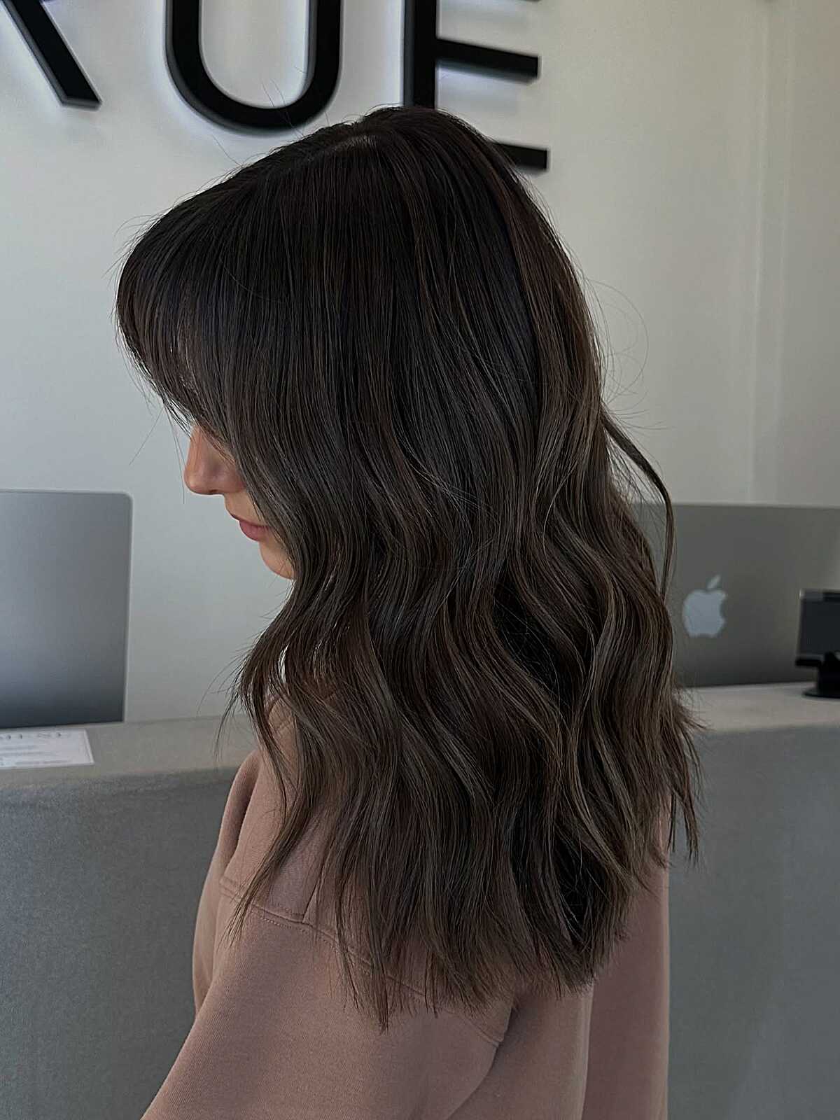 Cool espresso brunette with subtle ash-toned highlights