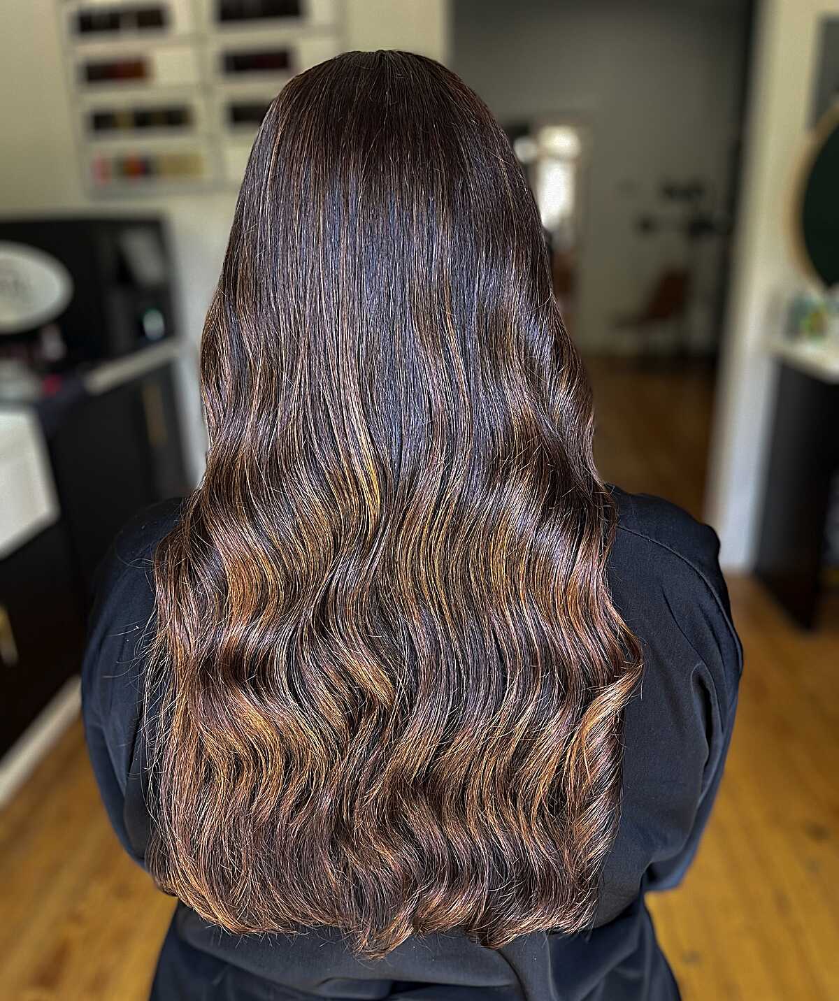 Deep brunette base with copper caramel sombré ends