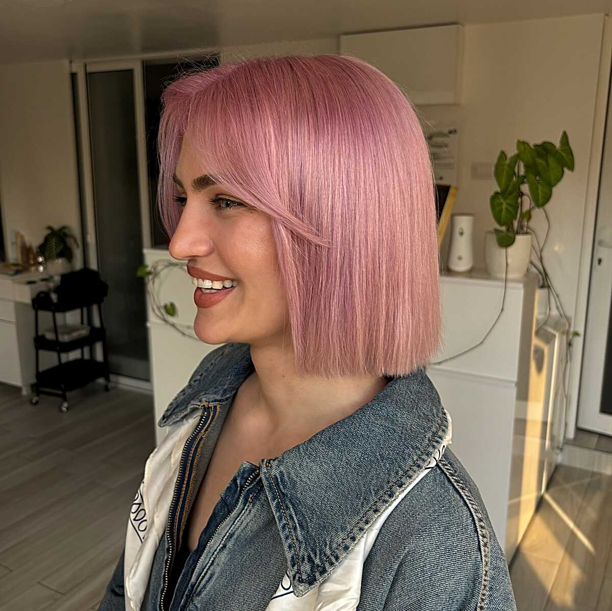 Sleek blunt bob in soft pastel pink