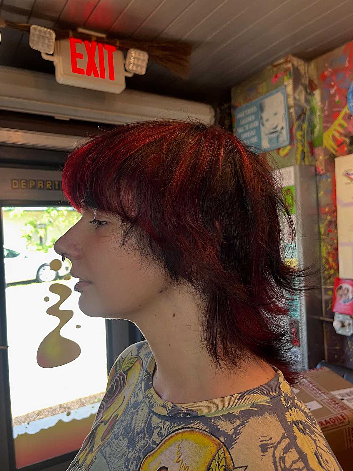 Red and black mullet shag with heavy bangs