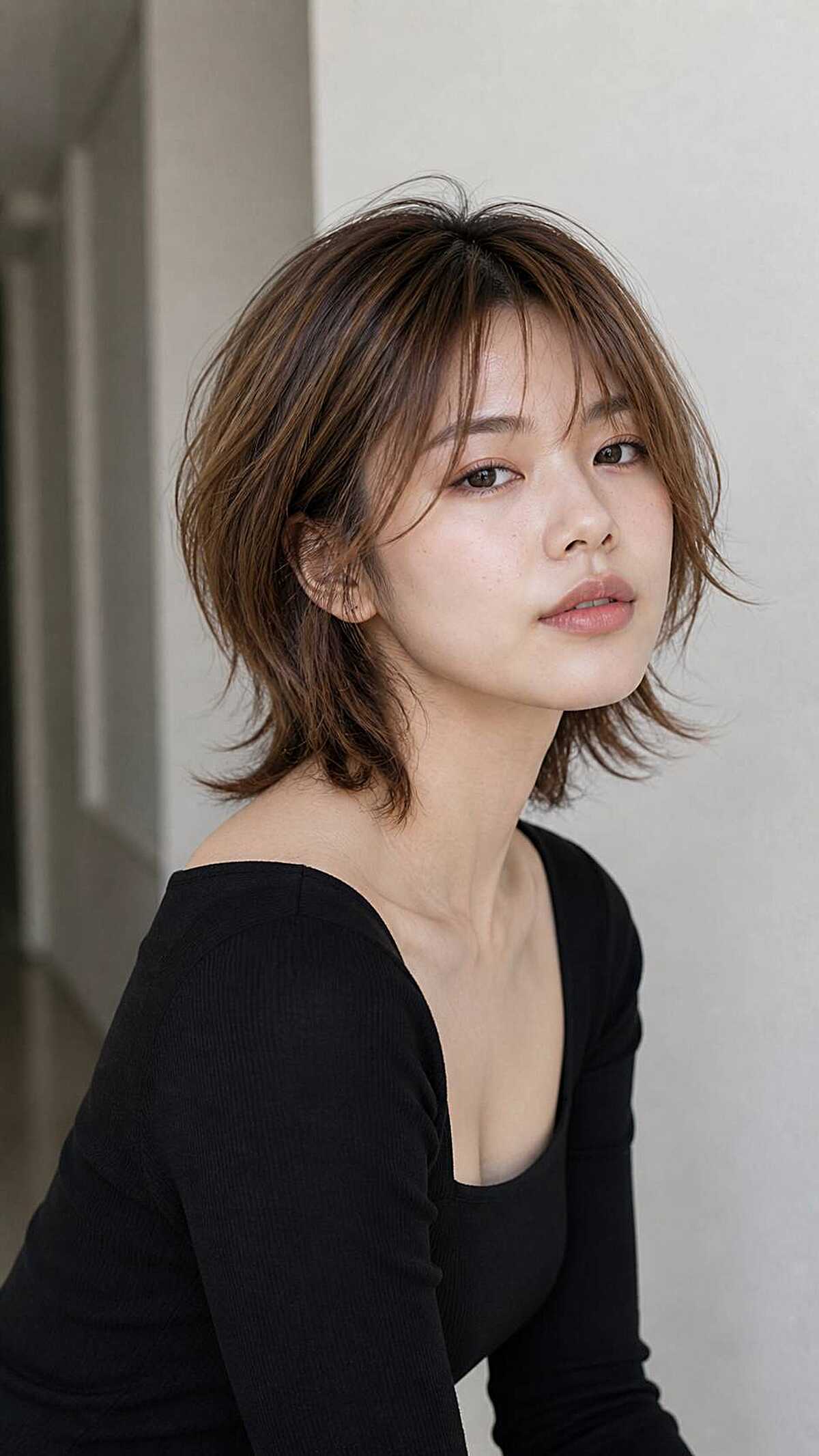 Short brown wolf cut with highlighted layers and bangs