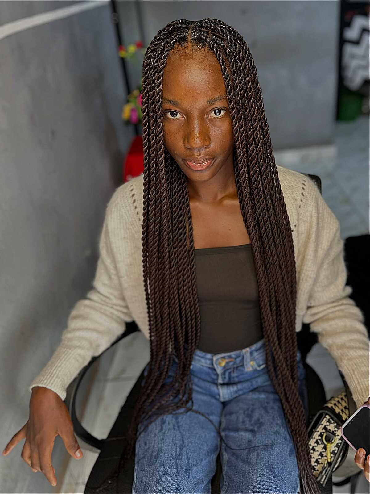 Extra long dark brown Senegalese twists past waist