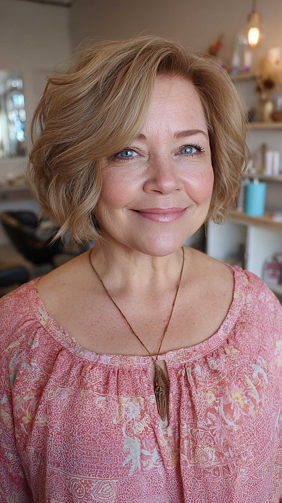 Dark golden blonde layered bob with soft textured waves